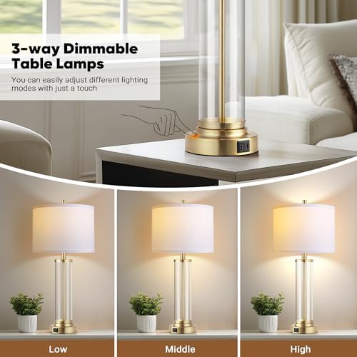 QiMH Lamps for Bedrooms Set of 2, Touch Control Table Lamps with USB A+C Ports, 3-Way Dimmable Bedside Lamp with Fabric Lampshade