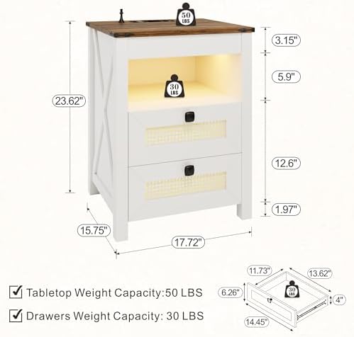 LED Night Stand with Gun Drawer & Charging Station | Human Sensor Lights, Hidden Storage, Farmhouse Rattan Style, 3 Drawers, Bedside Table for Bedroom, End Tables Livingroom
