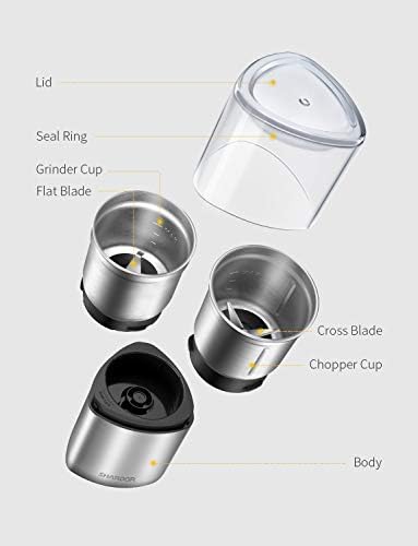 SHARDOR Electric Coffee Bean Grinder, Spice Grinder, 1 Removable Bowl with Stainless Steel Blade, Silver