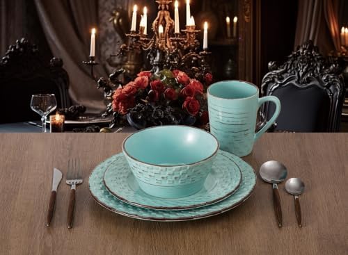 Lorren Home Trends Distressed Weave Dinnerware Set, Buttercup, 16 Piece | Service for 4