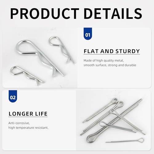 50 Pcs Cotter Pins Assortment Kit R Clips retaining pin | Heavy Duty R Clips Hardware Pins, 5 Sizes Spring Fasteners, Hitch Pin for Trailer Locking