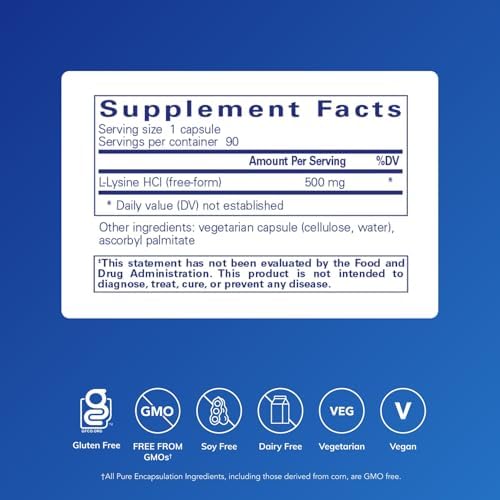 Pure Encapsulations L-Lysine - Essential Amino Acid Supplement for Immune Support & Gum, Lip Health* - with L-Lysine HCl - 90 Capsules | Essential Amino Acid Supplement for Immune Support, Gum Health, and Lip Health*