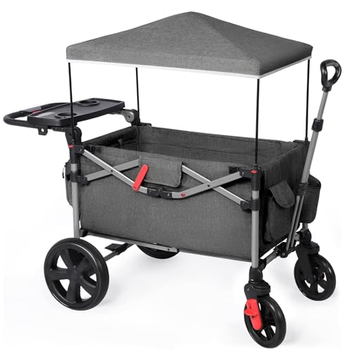 EVER ADVANCED Foldable Wagons for Two Kids & Cargo, Collapsible Folding Stroller with Adjustable Handle Bar,Removable Canopy with 5-Point Harness Gray