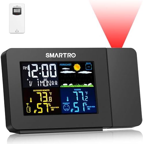 SC91 Projection Alarm Clock for Bedrooms with Weather Station | Wireless Indoor Outdoor Thermometer, Temperature Humidity Monitor Gauge Hygrometer