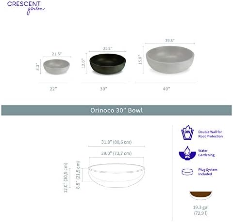 Crescent Garden Orinoco Planter Bowl – Double-Walled Resin Pot for Succulents, Flowers Without Drain Hole - 21" W x 8.25" H (Weathered Concrete)