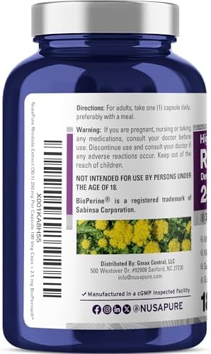 Rhodiola Rosea, Non-GMO, vegan, 250mg, 180 Veggie Capsules - 180 Servings | Plant Based 30:1 Extract, BioPerine, Suitable for Adults