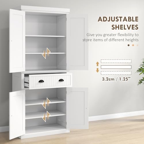 HOMCOM 72" Kitchen Pantry Cabinet Freestanding Tall Storage Cabinet White | Traditional Kitchen Pantry, 4 Doors, Drawer, 3 Adjustable Shelves, for Dining Room