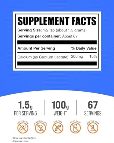 BulkSupplements.com Calcium Lactate Powder - Calcium Supplement Powder, Food Grade - Pure & Gluten Free, 1.5g per Serving, 500g (1.1 lbs) (Pack of 1)