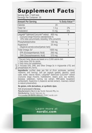 Nordic Naturals Memory Support with Curcumin - 60 Soft Gels - 1000 mg Omega-3 + 400 mg Optimized Curcumin - Memory