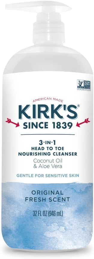 Kirk's Juniper & Lime​ 3-in-1 Nourishing Cleanser, Shampoo Body Wash Bubble Bath, Coconut Oil and Aloe Vera, Vegan Non-GMO, 32 Fl Oz