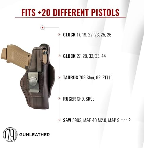 1791 Thumb-Break Gun Holster IWB/OWB, Fits Glock 19, 17, 22, 23, 26, 27 | Right-handed 4-Way leather gun holster also fits Taurus G2, Ruger SR9, Ruger SR9c and S&W M&P 9 M2.0, Glock 32 and 33
