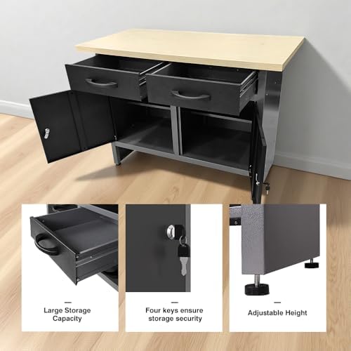 Storage Workbench System Set with Lockable Cabinet, Includes Metal Wall Cabinets Pegboards & Hooks, Wood Worktop for Garage Office Repair Shop