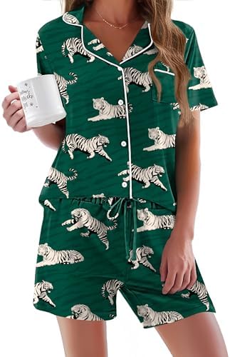 Ekouaer Pajamas Set for Women Short Sleeve Sleepwear Button Down Pj XS-XXXL | Summer 2 Piece Lounge Set, Soft Fabric, Drawstring Waistband, for Bridesmaid Bride Party, Plus Size, Petite, Cute Pattern