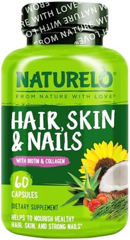 NATURELO Hair, Skin and Nails Vitamins - Biotin, Collagen - 60 Capsules | 5000 mcg, natural vitamin E, healthy skin