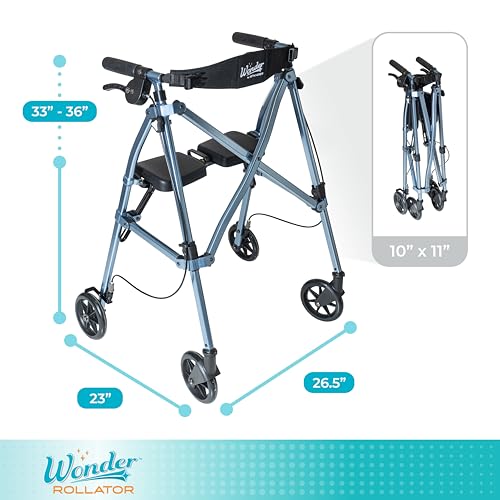 Stander Space Saver Rollator, Lightweight Folding Rolling Walker with Seat for Seniors & Adults, 4-Wheel Mobility Aid with 6-inch Wheels