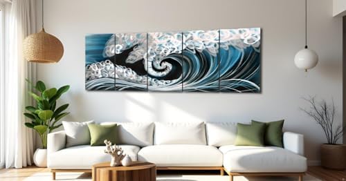 Yihui Arts Handcrafted 3D Metal Wall Art - Ocean Wave Sculpture, 5 - Panel Aluminum Decor for Living Room, Bedroom & Office
