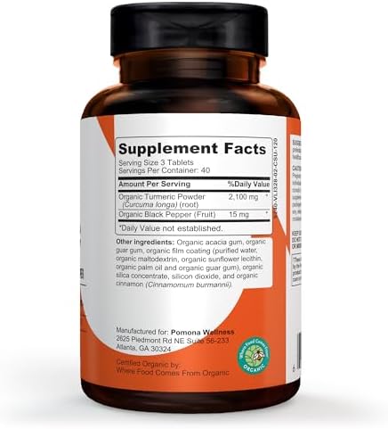 Pomona Wellness Organic Turmeric Supplement 2100 mg, 120 Tablets