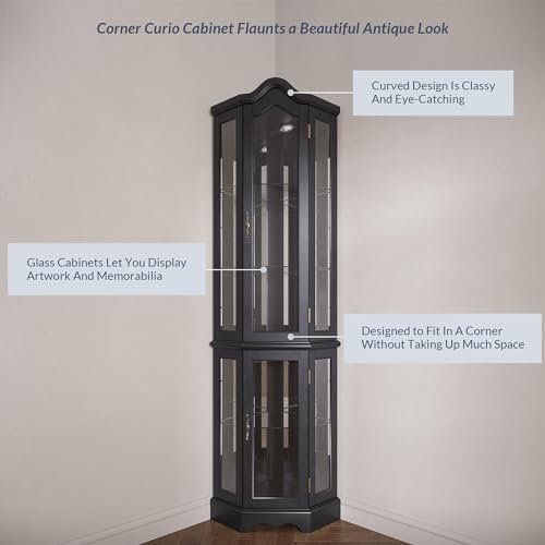 BELLEZE Lighted Corner Display Curved Top Curio Cabinet Wooden Shelving Unit with Tempered Glass Door