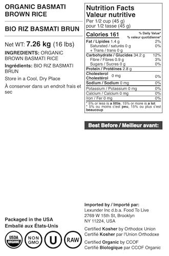 Food to Live Organic Brown Basmati Rice, 20 Pounds Non-GMO, Whole Long-Grain Rice Variety, Fragrant, Kosher, Vegan, Bulk. Less Starch Content. High in Dietary Fiber. Great for Making Stir-Fries