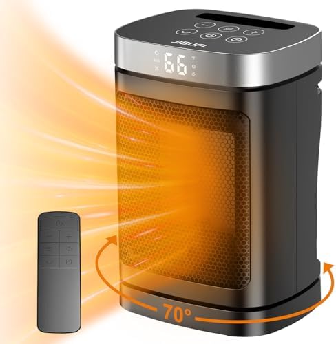 Small Portable Space Heater for Indoor Use - with 70°Rotating Feature, JIBUFI 1500W PTC Electric Heater, Rapid and Safe Heating, Remote Control