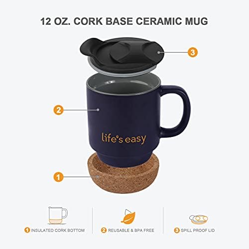 Life's Easy 12 oz Coffee Mug with Insulated Cork Bottom and Push-On Splash-Proof Lid - Black