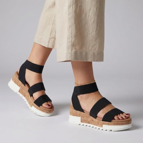 CUSHIONAIRE Naomi Cork Wedge Sandals for Women – Soft Stretch Straps Comfortable Platform Sandals for Women with Memory Foam Insole