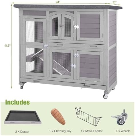 GUTINNEEN Rabbit Hutch Indoor Outdoor Bunny House Guinea Pig Cage on Wheel with Plastic Tray
