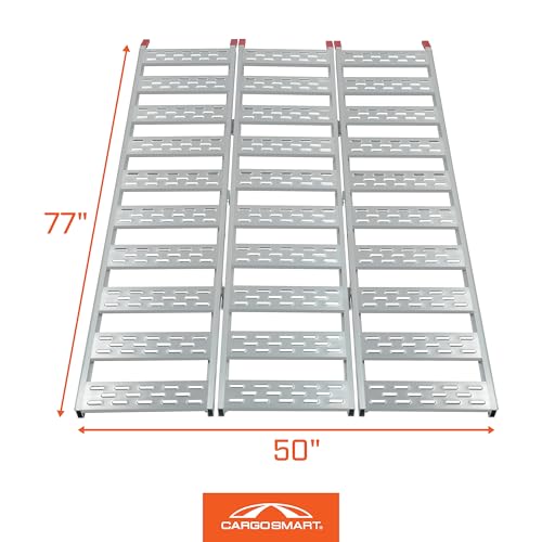 Aluminum Tri-Fold Ramp with Treads, 1 Pack — 1, 500lb Capacity/500lb per Section, 50” W x 76” L — Easily and Safely Load or Unload Push Mowers