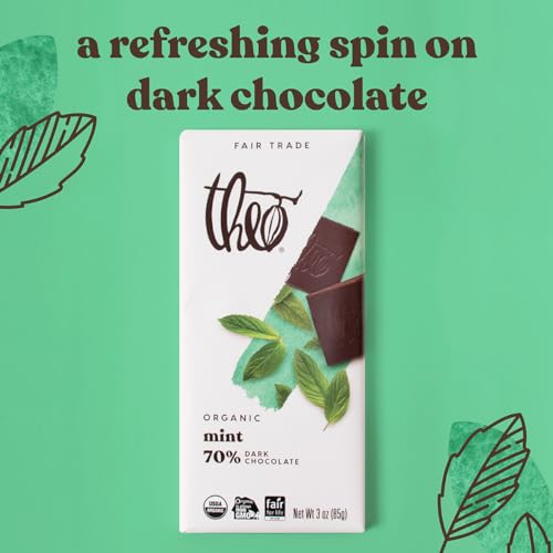 Theo Mint Organic Dark Chocolate Bar, 70% Cacao, 1 Bar | Vegan, Fair Trade