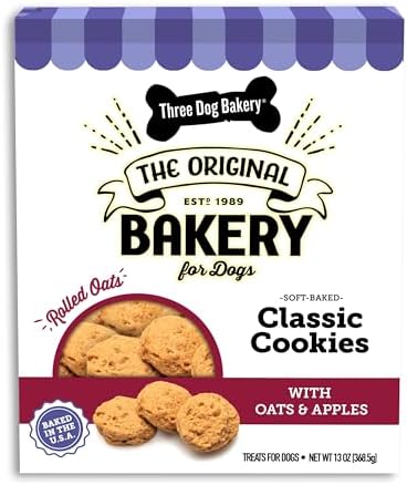 Three Dog Bakery Soft Baked Classic Cookies for Dogs - 13 oz Box | Oats & Apple Flavor - Made with Real Ingredients - Rolled Oats Dog Treats