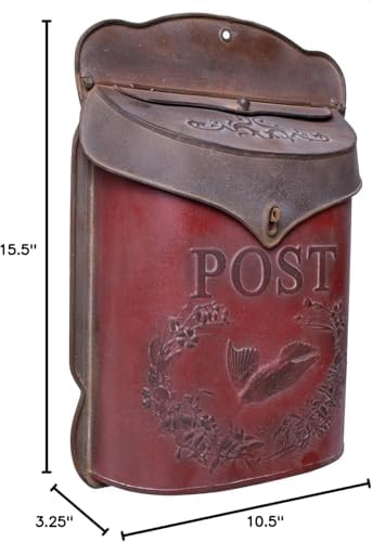 Red Co. 10.5” x 15.5” Shabby Chic Wall-Mounted Post Embossed Aged Metal Mailbox, Rusted Red