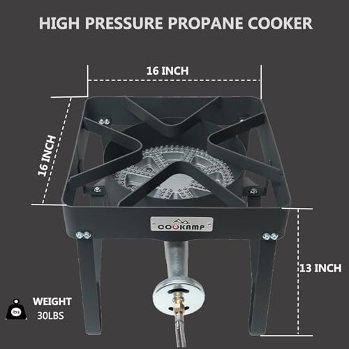 COOKAMP High Pressure 200000 BTU Banjo 1-Burner Outdoor Propane Burner Gas Cooker with 0-30 PSI Adjustable Regulator and Steel Braided Hose (Balck)