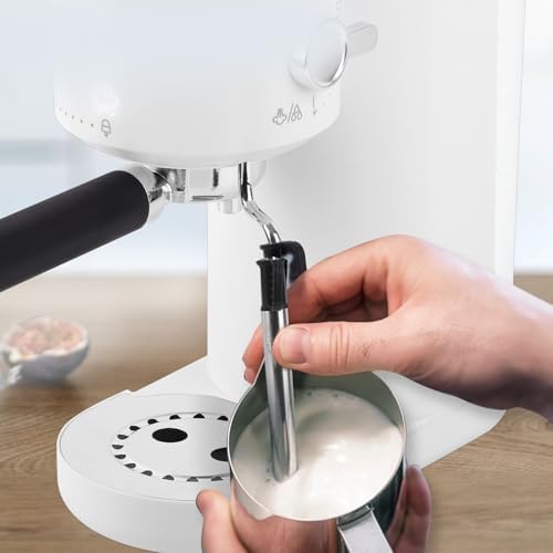 ELLE 1L Espresso Maker Latte and Cappuccino Maker with 20 Bar Pump Pressure and Illuminated Touch Button with Milk Frothing System and Cup Warmer 1400W White