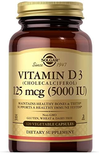 Solgar Vitamin D3 (Cholecalciferol) 125 Mcg (5000 IU), 120 Vegetable Capsules - Helps Maintain Healthy Bones & Teeth - Immune System Support - Non-GMO, Gluten Free, Dairy Free, Kosher - 120 Servings | Helps Maintain Healthy Bones & Teeth, Immune System S…