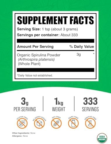 BulkSupplements.com Organic Spirulina Powder - Superfood, Green Spirulina Powder, Herbal Supplement - Vegan-Friendly, 3g per Serving, 500g (1.1 lbs) (Pack of 1)