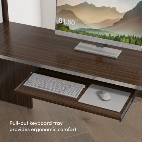 Bestar U Shaped Desk with Drawers, Hutch, and Keyboard Tray, Executive Workstation for Home or Professional Office, 65 Inches, Ridgeley Collection, White Chocolate