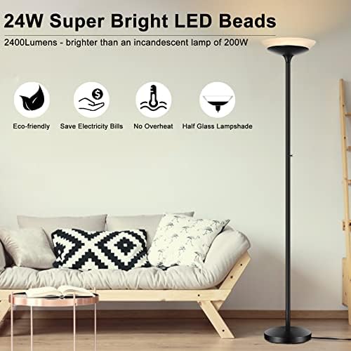 BoostArea Torchiere Floor Lamp, 30W Super Bright LED Standing Lamp, Stepless Dimmable Pole Lamp with 3000K Lighting, Rotary Switch