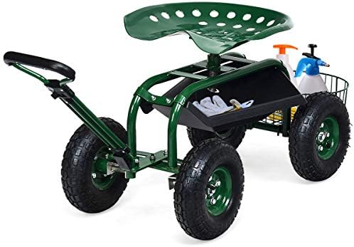 Giantex Rolling Garden Cart with Seat, 4-Wheel Gardening Workseat with Storage Basket, Swivel Stool Adjustable Seat, Steering Handle