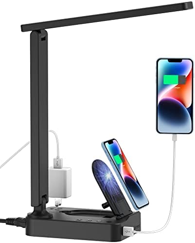 Drevet LED Desk Lamp for College Dorm Room, Desk Light with 1 USB Charging Port 2 AC Power Outlet, 3 Lighting Modes, 3 Level Brightness Touch Lamp