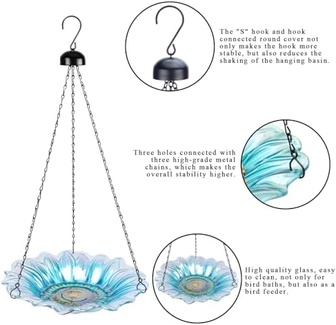 VCUTEKA Hanging Bird Baths Outdoor Glass Birdbath Feeder for Garden Decor