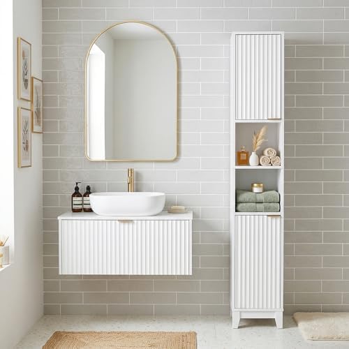 VINGLI White Fluted Tall Narrow Bathroom Cabinet, 67" Slim Freestanding Storage Cabinet for Small Spaces, Wood Linen Tower Floor Cabinet with 2 Doors