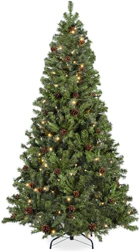 Best Choice Products 7.5ft Pre-Lit Pre-Decorated Pine Artificial Christmas Tree w/Twinkling LEDs, 1, 346 Flocked Frosted Tips, 80 Pinecones