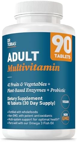 Dr. Tobias Adult Multivitamin for Women & Men 90 Count | Daily Energy & Immune Support | Vitamin Supplement with 42 Fruits & Vegetables + Probiotic + Enzymes | Vegan | 30 Servings