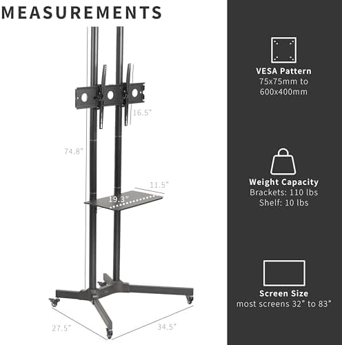 VIVO Mobile TV Cart for 32 to 83 inch Screens up to 110 lbs, LCD LED OLED 4K Smart Flat and Curved Panels, Rolling Stand with Laptop DVD Shelf, Locking Wheels, Max VESA 600x400, Black, STAND-TV03E