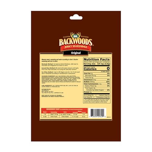 LEM Products Backwoods Original Jerky Seasoning, Ideal for Wild Game and Domestic Meat, Seasons Up to 25 Pounds of Meat, 18.3 Ounce Packet with Pre-Measured Cure Packet Included