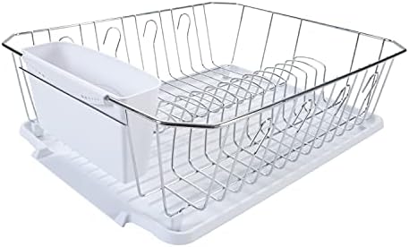 Kitchen Details 3 Piece Dish Rack | Drying Rack, Cutlery Basket & Drainboard Tray | Countertop | Self Draining | Open Wire Design | Chrome | White