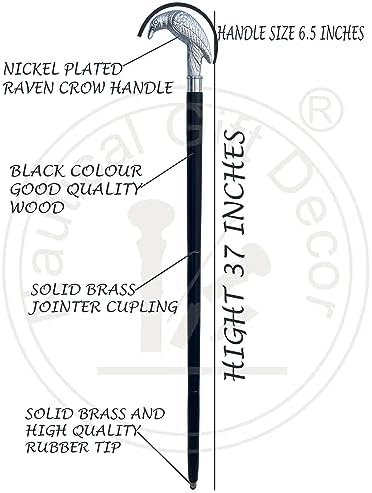 Edgar Allen Poe's Mystic Raven Gothic Walking Stick Swagger Cane, 37 Inch, Hardwood, Black