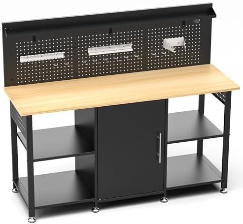 60 Inch Heavy Duty Workbench with Storage Cabinet, Wooden Top, 2000 lbs Capacity, Garage Work Table with Pegboard, Power Outlet, Leveling Feet, Black