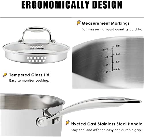 Rorence 3.7 Quart Stainless Steel Induction Sauce Pan with Lid | Stainless Steel Pot Saucepan with Pour Spout & Glass Lid with Strainer