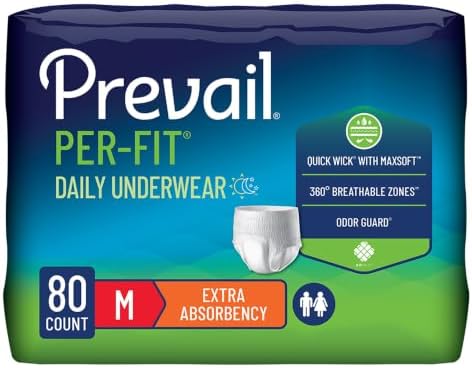 Prevail Per-Fit Daily Protective Underwear, Unisex Adult Disposable Adult Diaper for Men & Women, Extra Absorbency, Medium, 80 Count (4 Packs of 20) | Disposable, Incontinence, Extra Absorbency